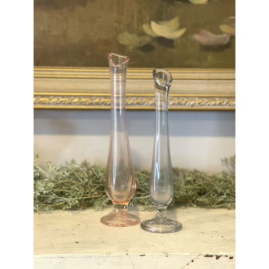 Vintage Set of Swung Stretch Glass Footed Bud Vases | Pink and Blue Glass | Rare