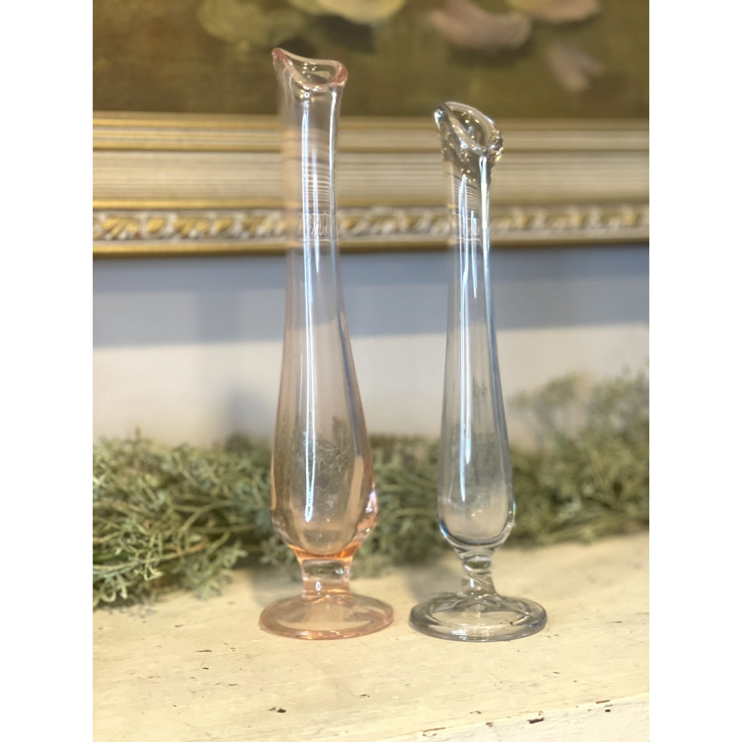 Vintage Set of Swung Stretch Glass Footed Bud Vases | Pink and Blue Glass | Rare
