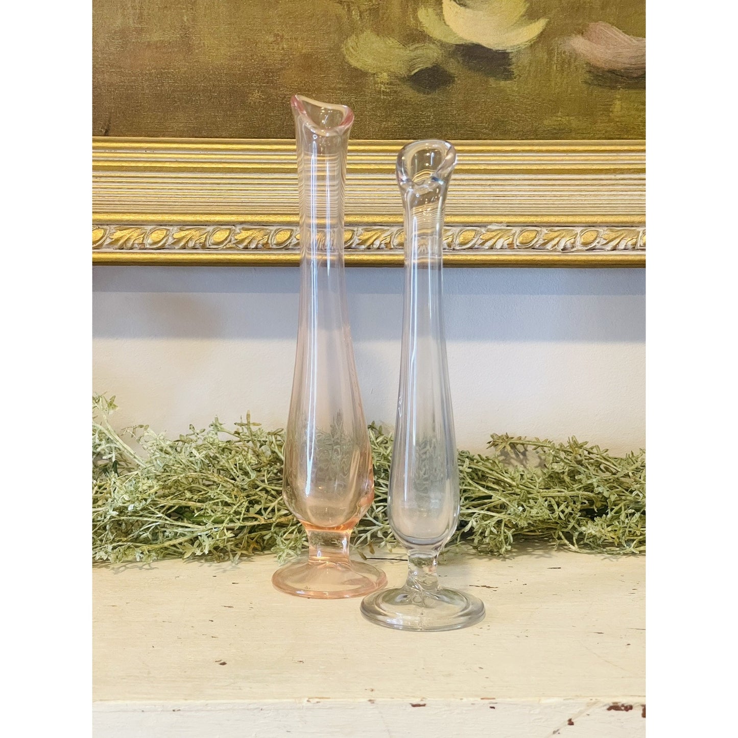 Vintage Set of Swung Stretch Glass Footed Bud Vases | Pink and Blue Glass | Rare